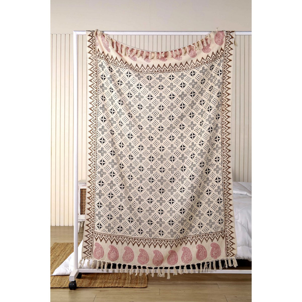 Beige & Black Plaid / Sofa Throw – Tribal Print with Fringe – 130x180 cm – Urbane Hide Urbane Hide