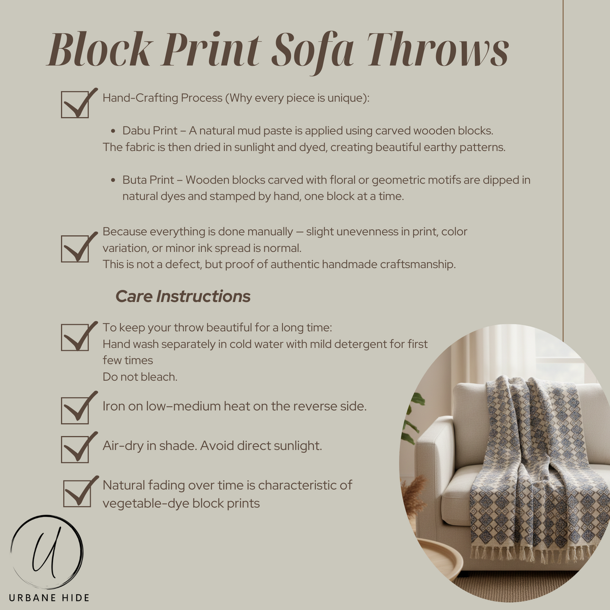 Beige & Black Plaid / Sofa Throw – Tribal Print with Fringe – 130x180 cm – Urbane Hide Urbane Hide