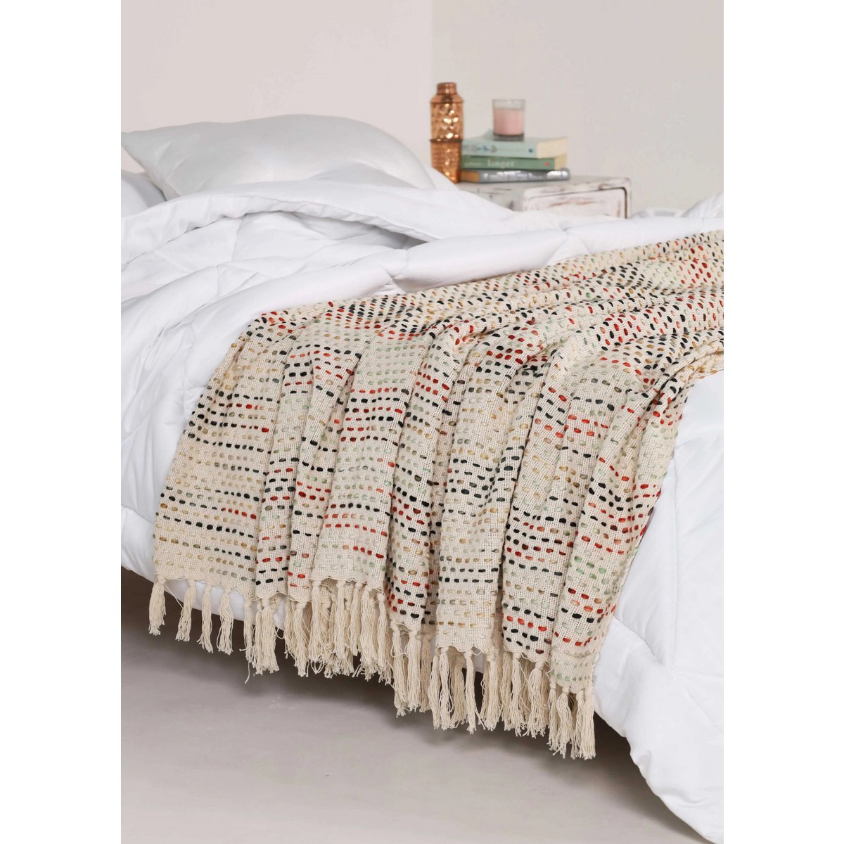 Beige Multicolour Plaid / Sofa Throw – Pastel Striped with Fringes – 120×180 cm – Urbane Hide Urbane Hide