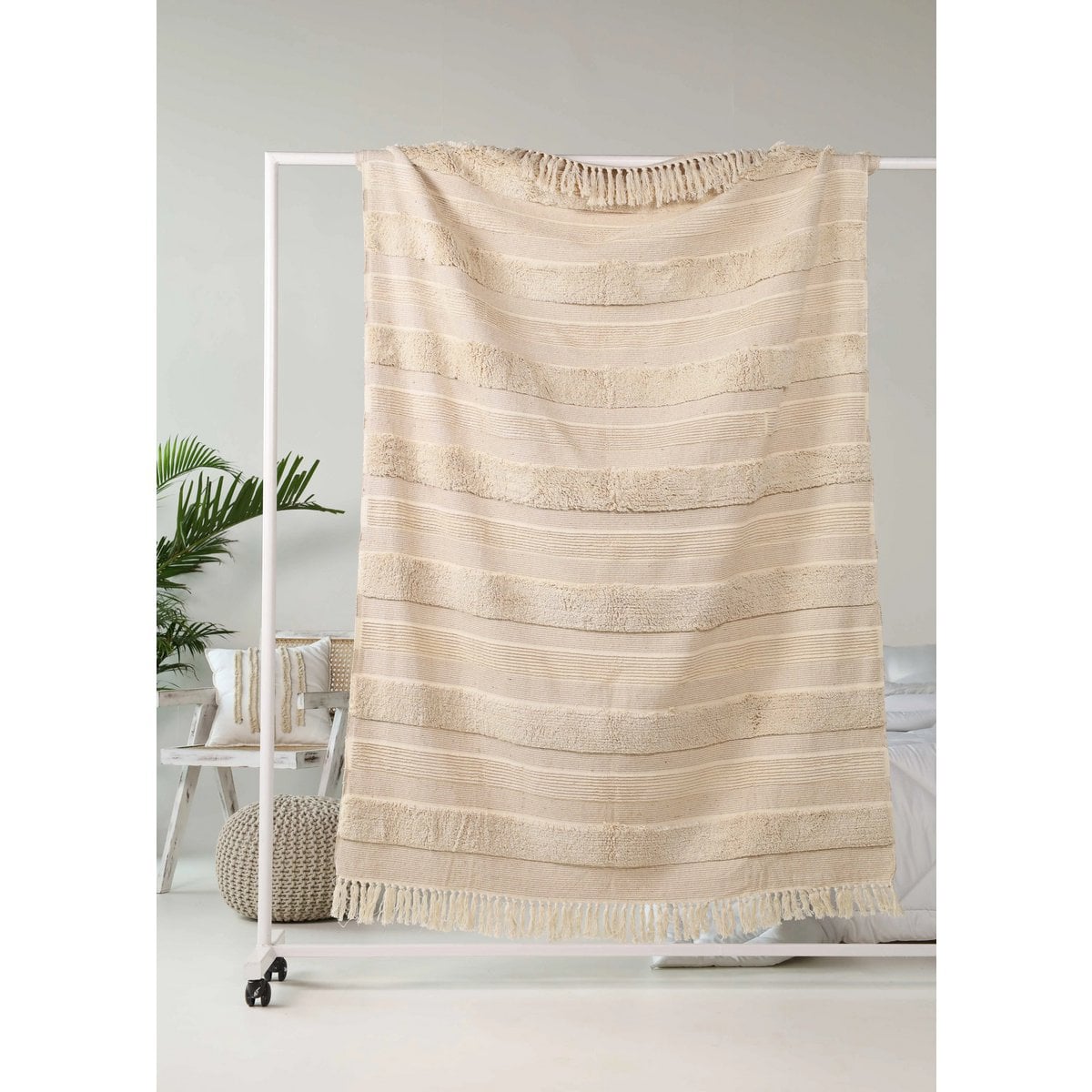 Beige Sand Plaid / Sofa Throw with Textured Weave & Fringes – 130x165 cm – Urbane Hide Urbane Hide