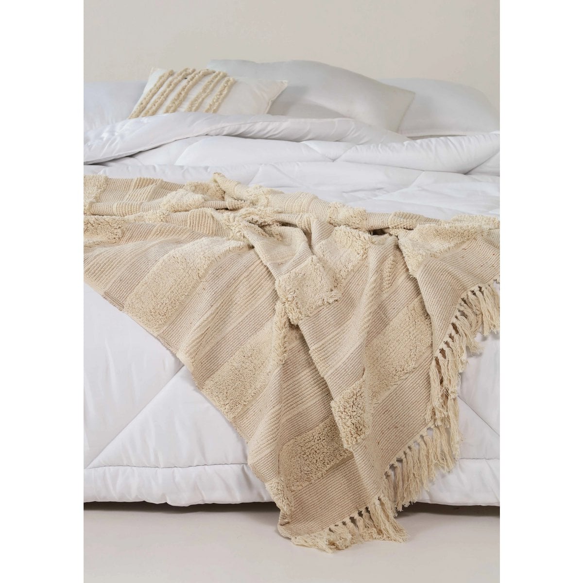 Beige Sand Plaid / Sofa Throw with Textured Weave & Fringes – 130x165 cm – Urbane Hide Urbane Hide