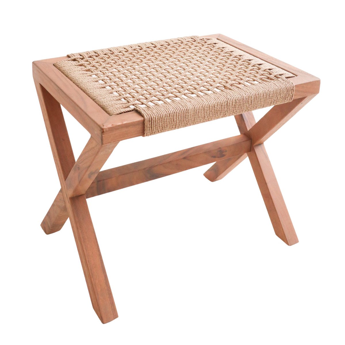 Grote houten kruk INDRA (beige) gemaakt van Trembesi met een zitvlak van geweven gerecycled papier Soeji