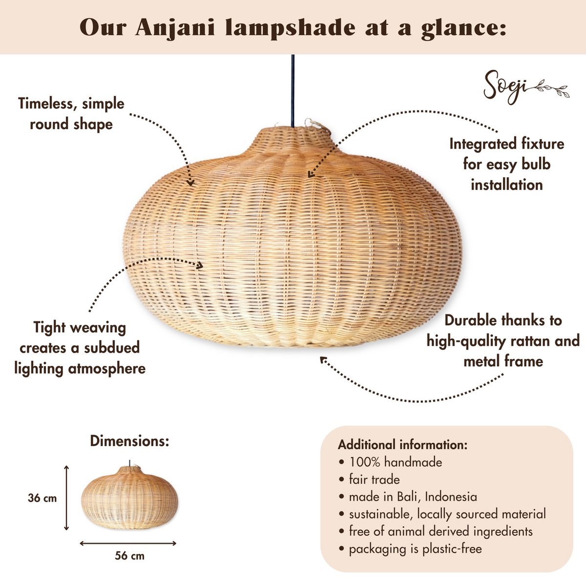 Grote rotan -lampenkap - ronde boho hanglamp - handgemaakte rotan hangende lamp - natuurlijke vezels geweven lampenkap (Ø 56 cm) anjani Soeji