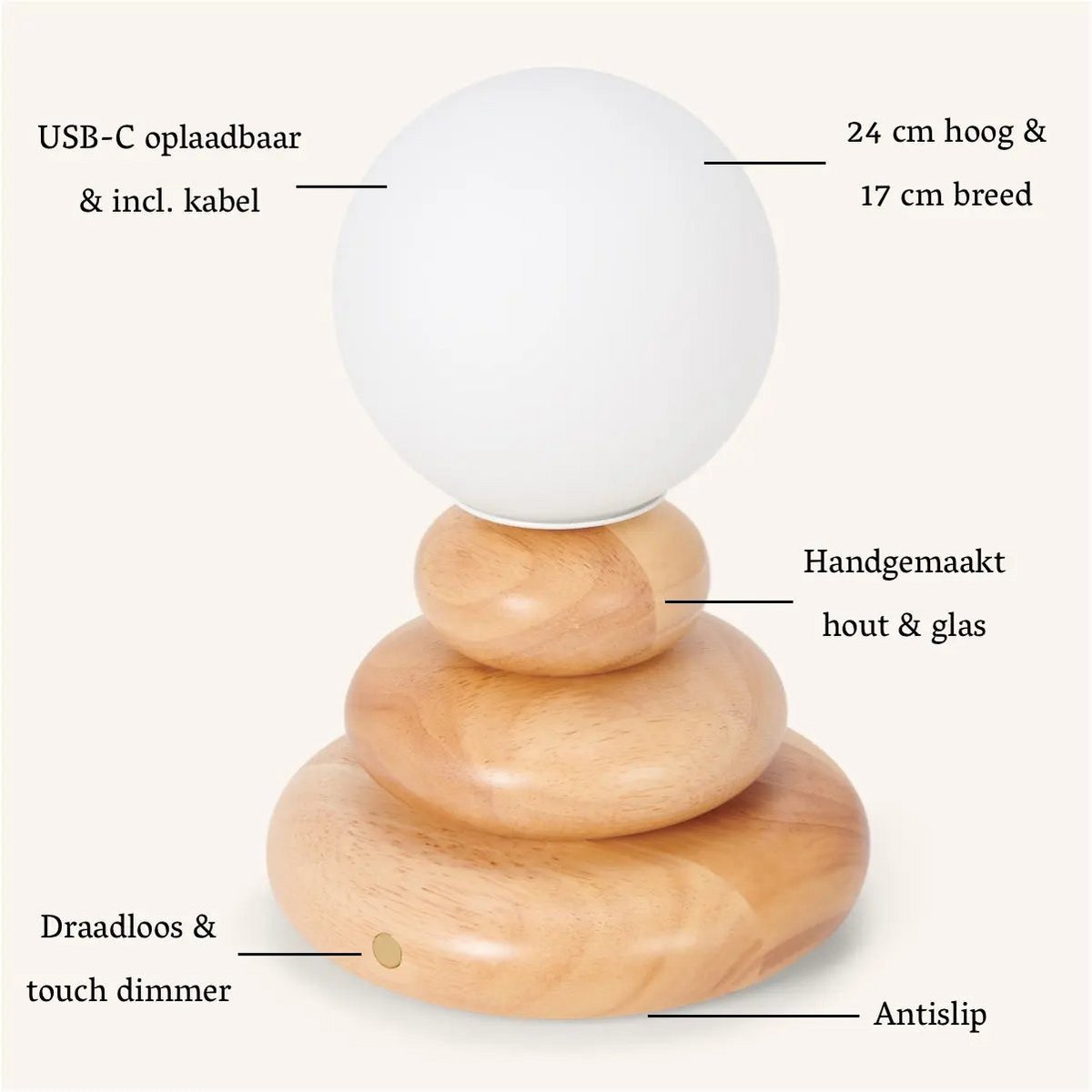 Isabella Houten & Glazen Oplaadbare Lamp - Snoerloos & Dimbaar Tavellio - Amsterdam