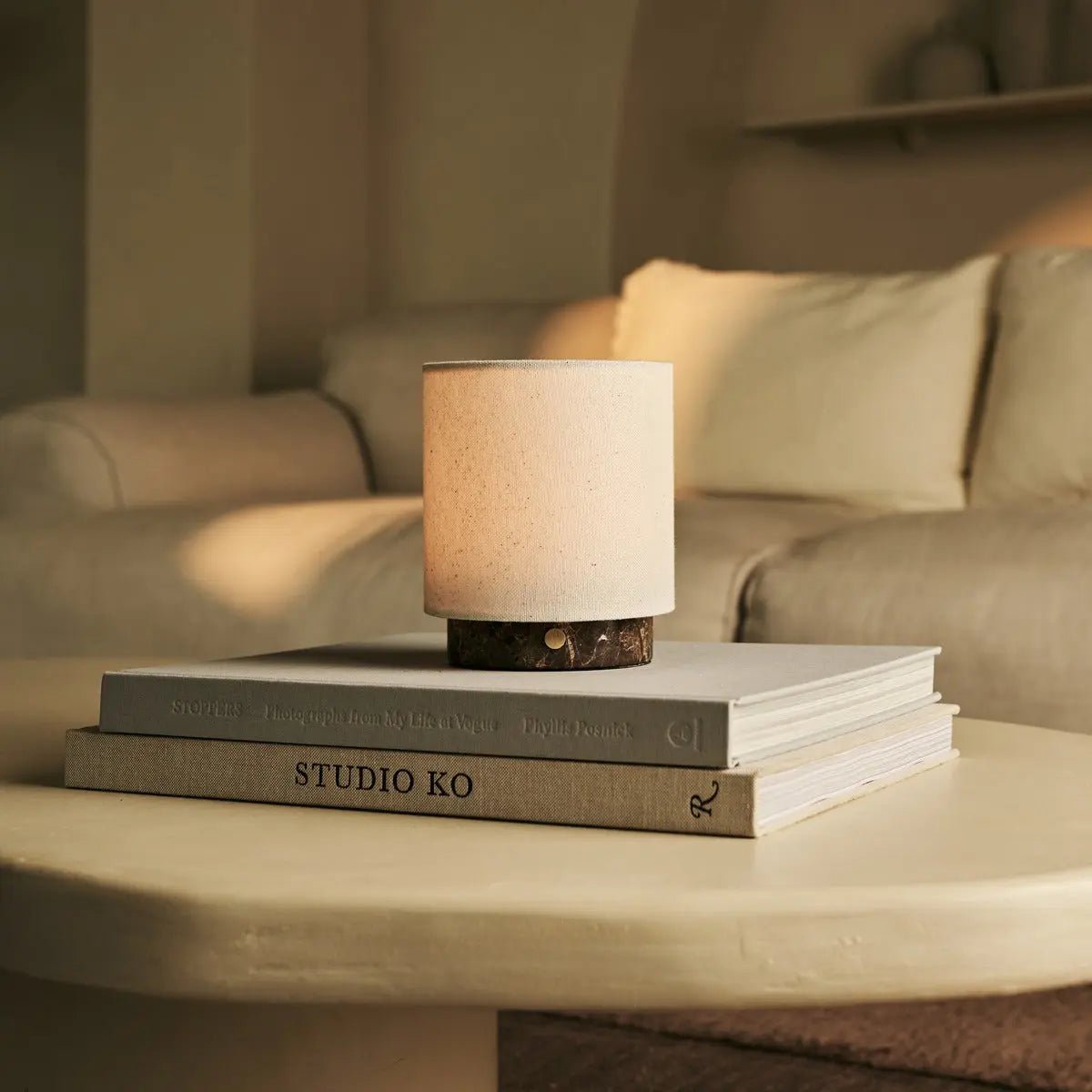 Mauve Beige & Brown / Emperador Dark - Marble oplaadbare taflamp - 3 lichte modi, draadloos en met linnen verwisselbare lampenkap Tavellio - Amsterdam