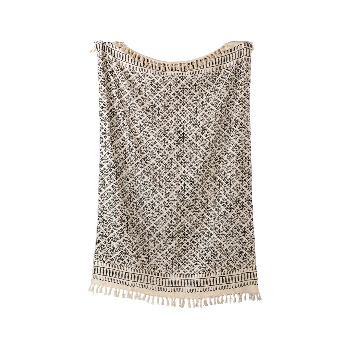 Natural Black Plaid / Sofa Throw – Floral Ethnic Pattern with Fringe – 130x180 cm – Urbane Hide Urbane Hide