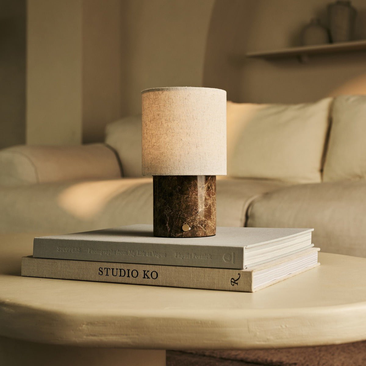 Onoda Brown / Emperador Dark - Marmeren oplaadbare tafellamp - met linnen verwisselbare lampenkap en oplaadbaar ontwerp Tavellio - Amsterdam