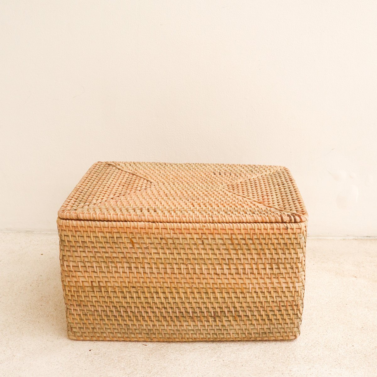 Opbergmand met deksel Plankmand gemaakt van beige rotan handgeweven decoratieve mand GRAHA (2 maten) Soeji