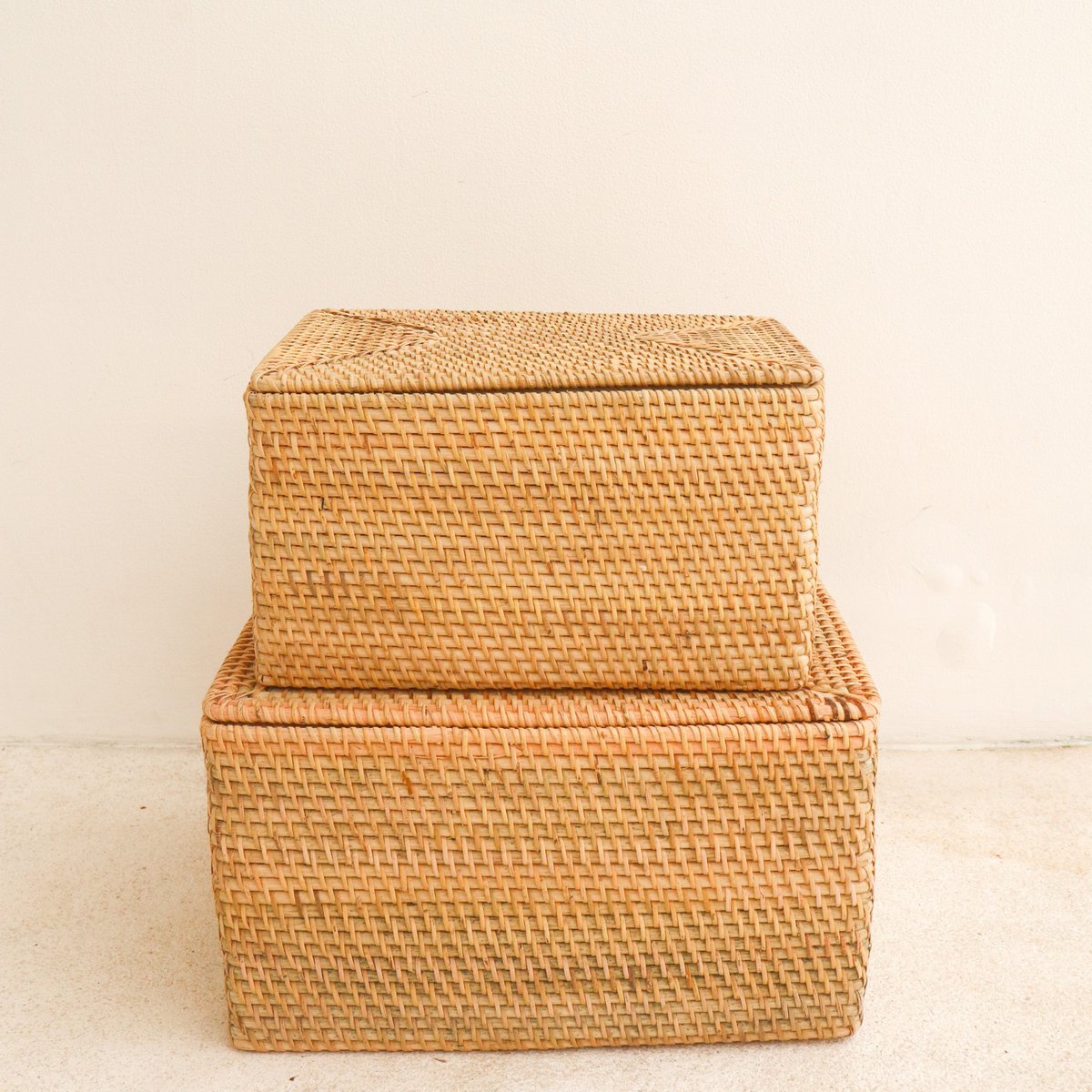 Opbergmand met deksel Plankmand gemaakt van beige rotan handgeweven decoratieve mand GRAHA (2 maten) Soeji