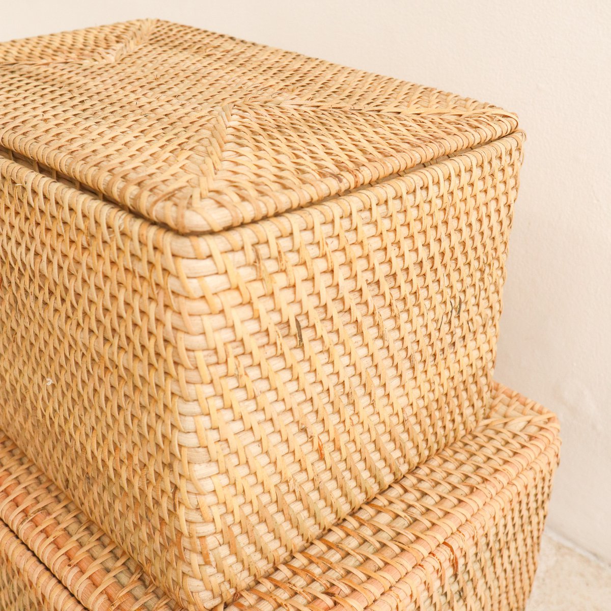 Opbergmand met deksel Plankmand gemaakt van beige rotan handgeweven decoratieve mand GRAHA (2 maten) Soeji