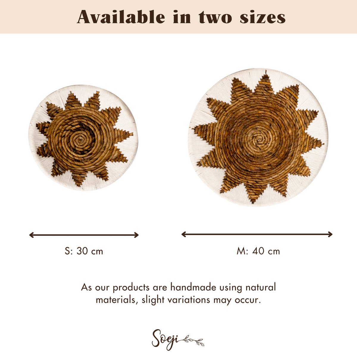 Ronde Boho Wandmand – Geweven Wanddecoratie – Decoratieve Schaal – Geweven Wandbord met Geborduurd Sterpatroon ADARI (2 maten, Ø30/40 cm) Soeji