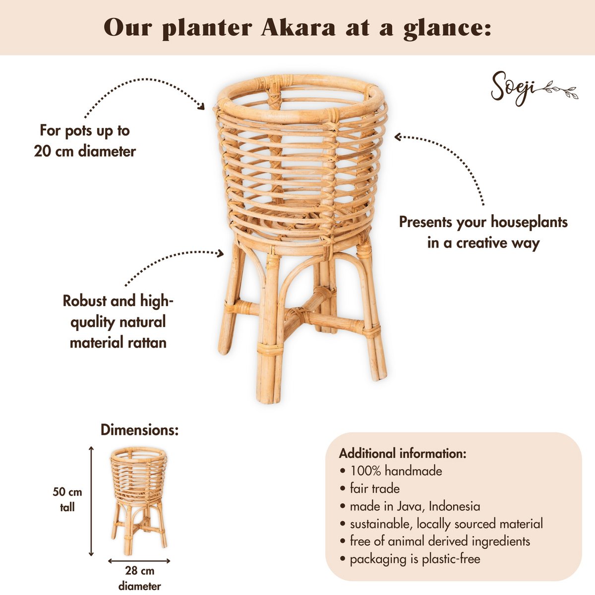 Rotan Plantenstandaard Rond – Boho Plantenbak – Rotan Plantenmand – Natuurlijke Bloemenstandaard voor Potten tot Ø20 cm AKARA Soeji