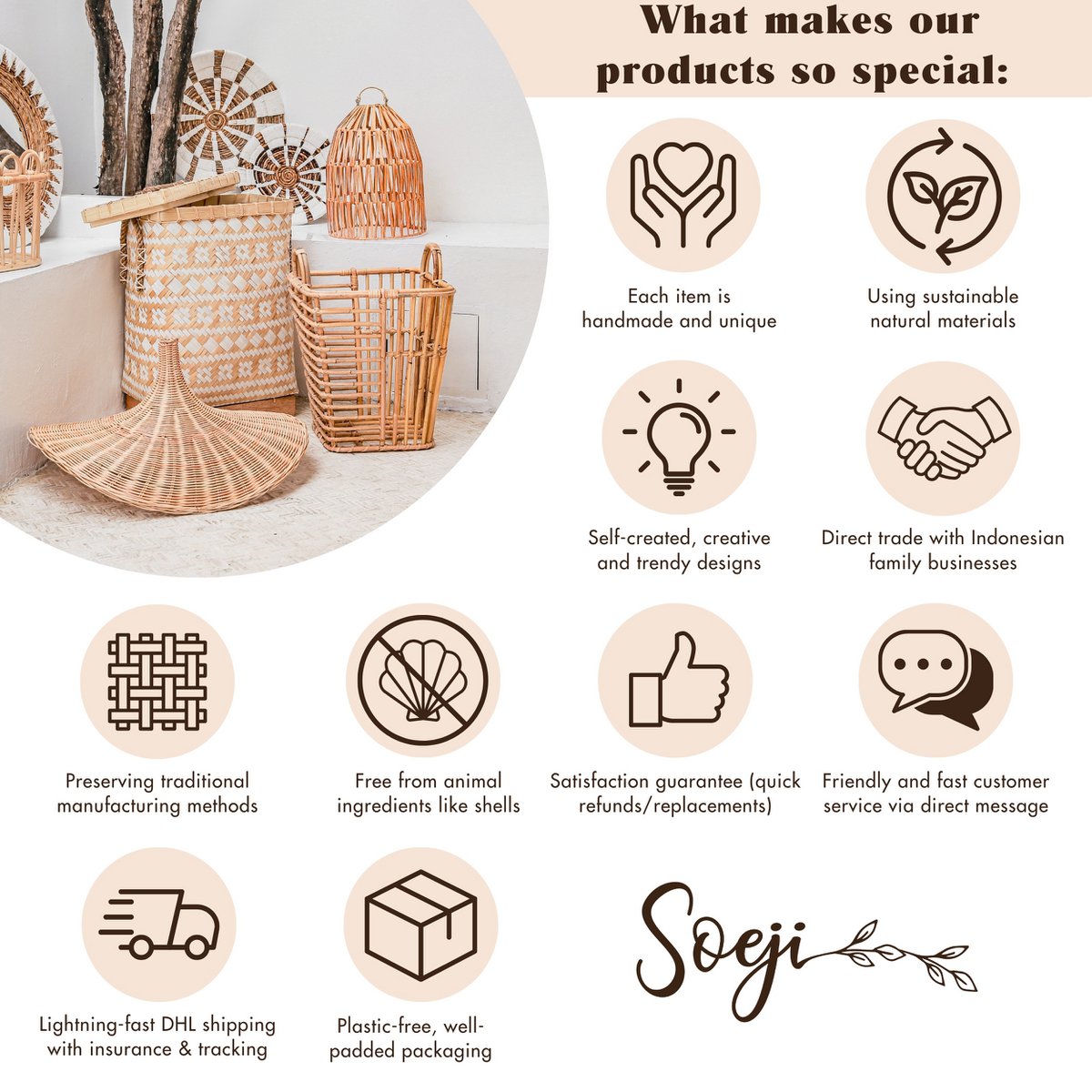 Round Rattan Lampshade - Boho hanglamp Modern - Handgemaakte plafondlamp - Sferische natuurlijke hanglamp (Ø 40/50 cm) Kencana Soeji