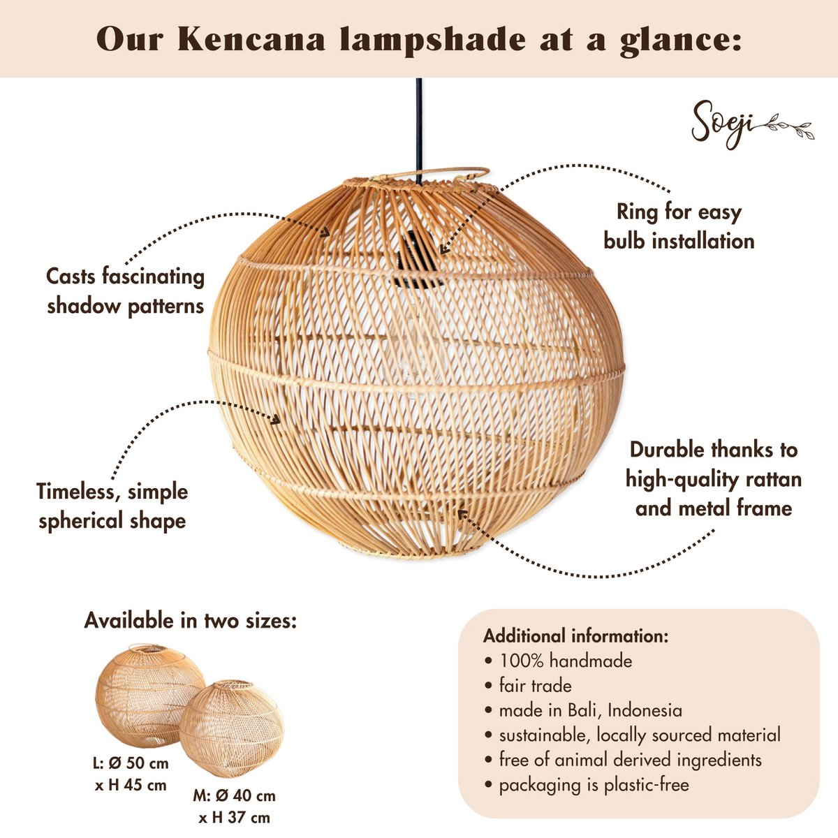 Round Rattan Lampshade - Boho hanglamp Modern - Handgemaakte plafondlamp - Sferische natuurlijke hanglamp (Ø 40/50 cm) Kencana Soeji