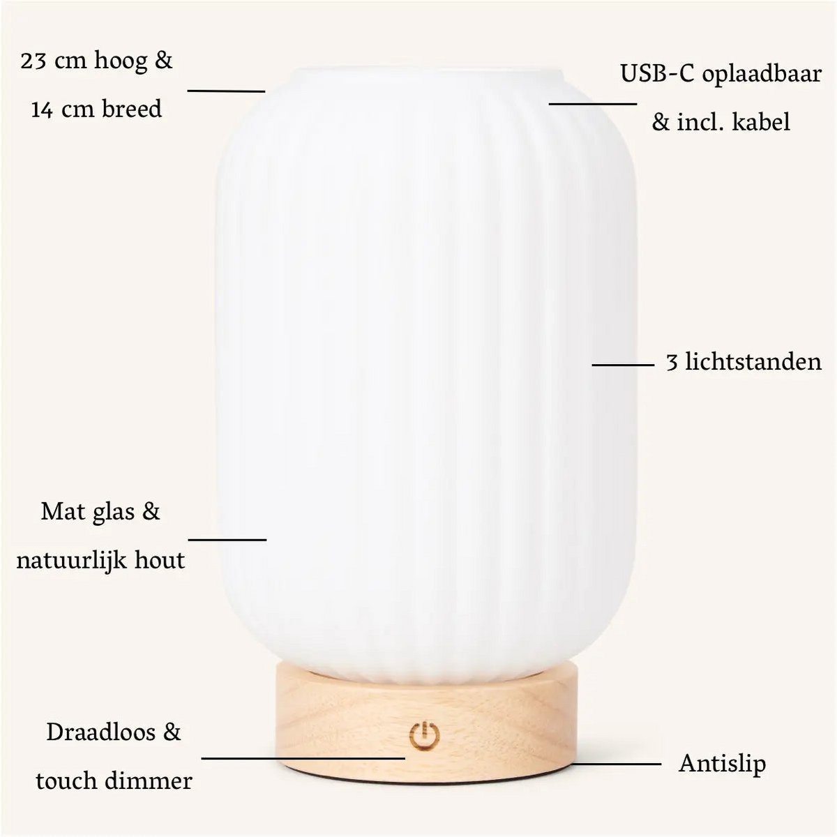 Unieke oplaadbare lamp Lilly – matglas en houten voet, dimbaar, 3 lichtmodi Tavellio - Amsterdam