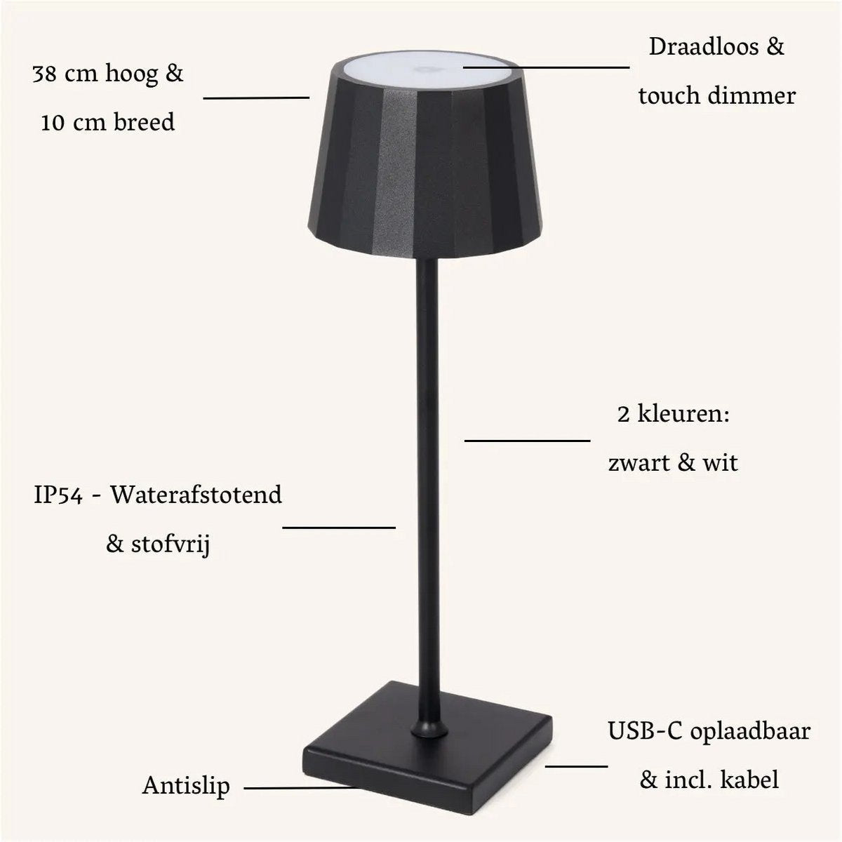 William Black oplaadbare ijzeren tafellamp – 120 uur batterij, dimbaar, opladen via USB-C Tavellio - Amsterdam