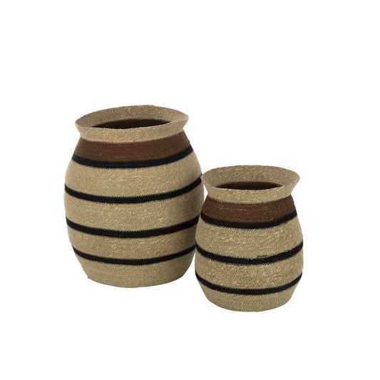 J-Line Set of 2 Baskets Round Striped Marie Seagrass Brown Black