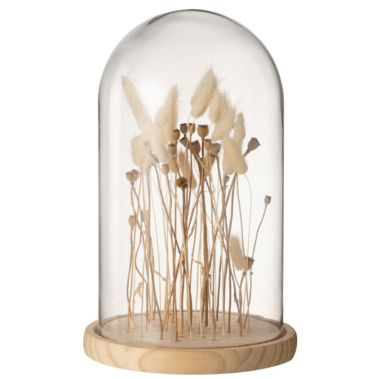 J-Line - decoratie stolp droogbloemen - ecru/bruin - glas hout - groot