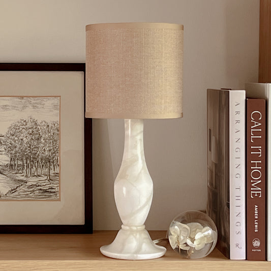 pre-loved - table lamp - alabaster - linen look shade beige