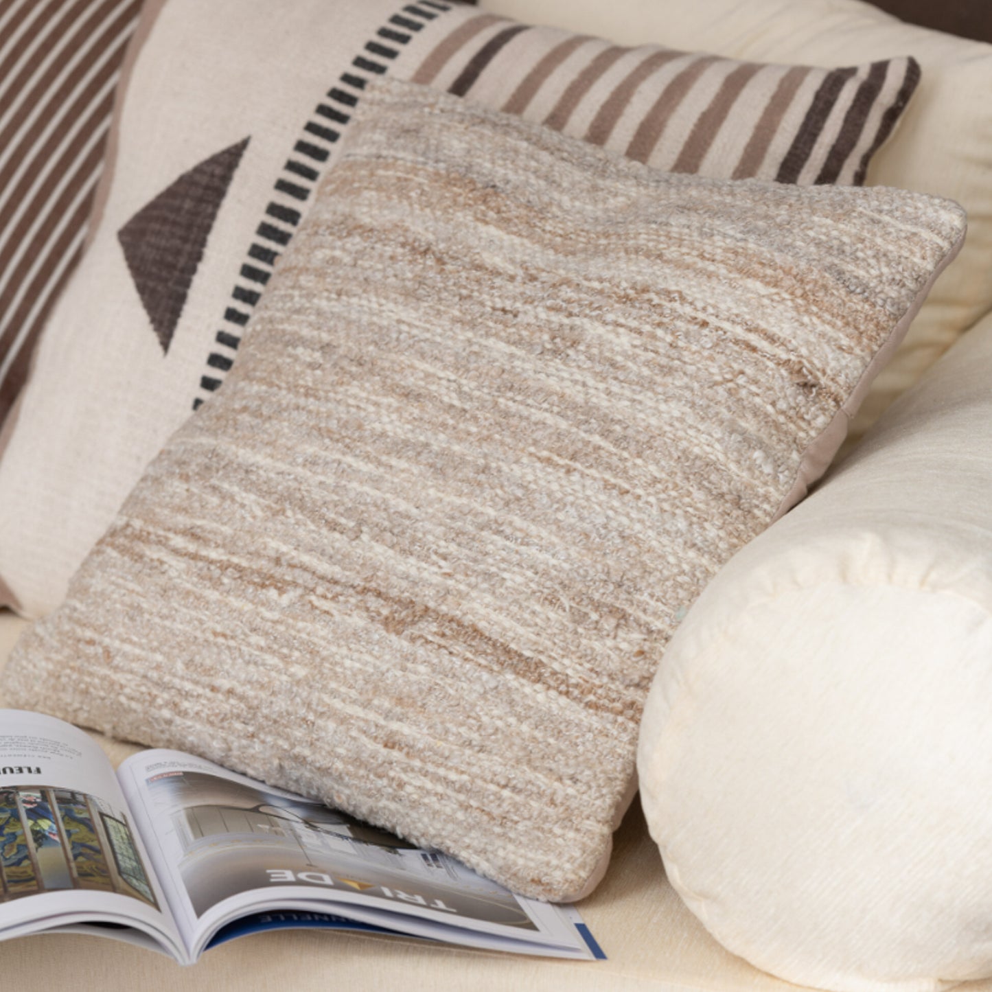 J-Line cushion Two-tone fabric - wool - beige