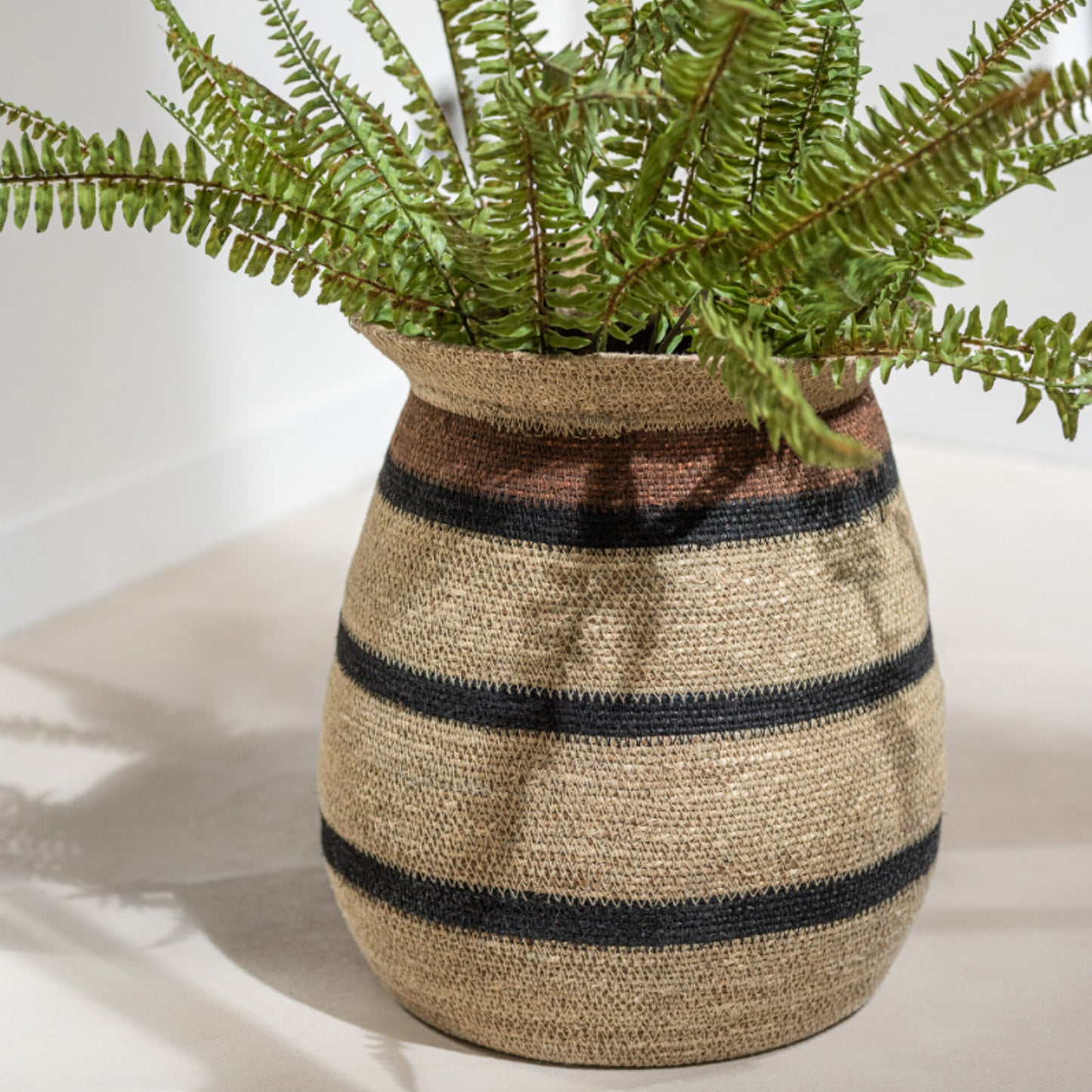 J-Line Set of 2 Baskets Round Striped Marie Seagrass Brown Black