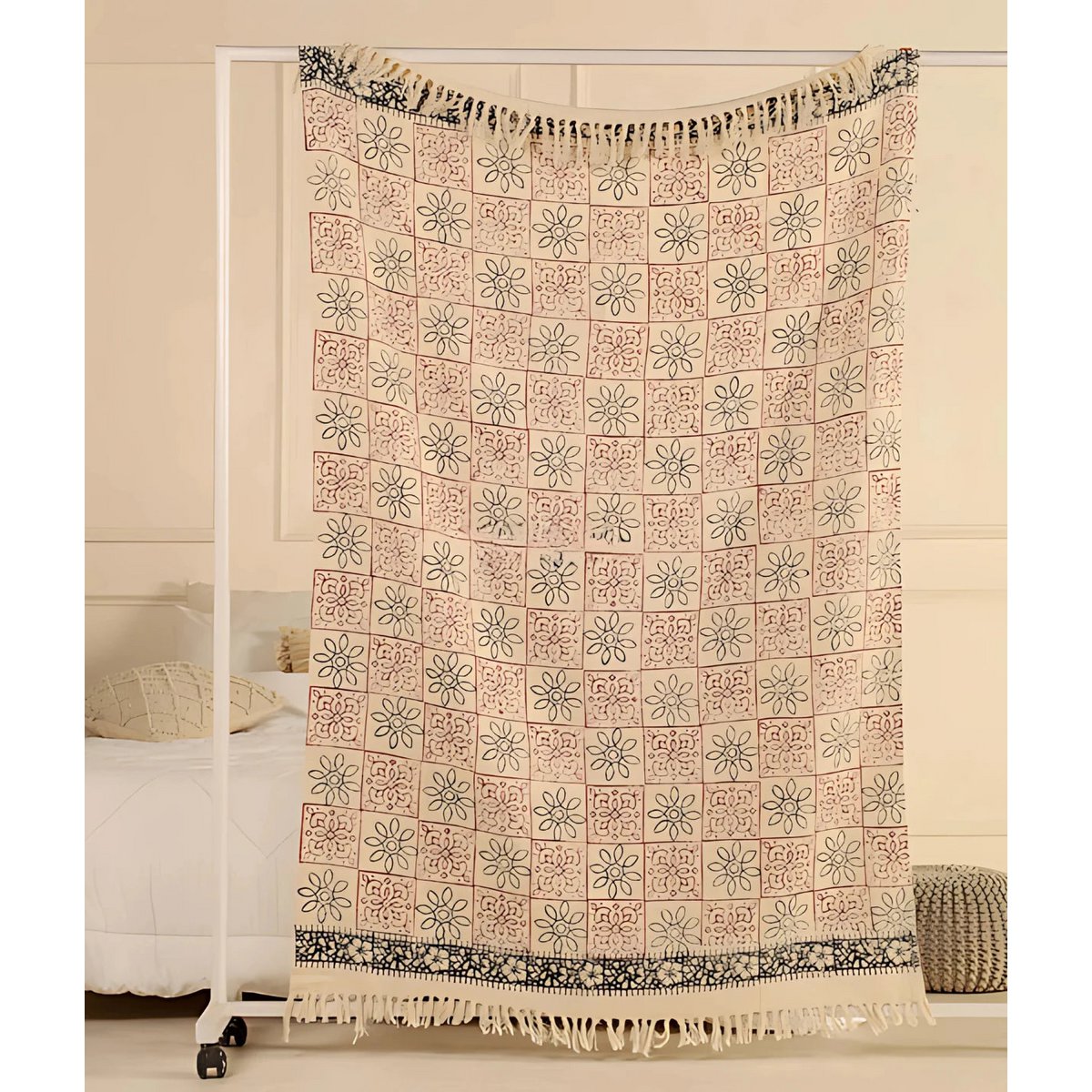 Beige Plaid / Sofa Throw – Floral Print with Fringe – 130x180 cm – Urbane Hide Urbane Hide