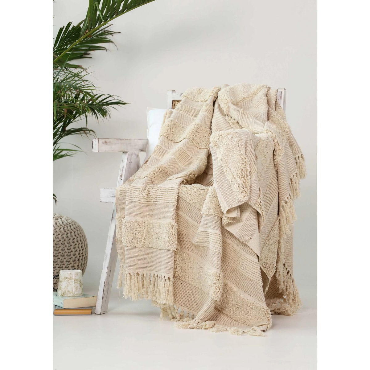 Beige Sand Plaid / Sofa Throw with Textured Weave & Fringes – 130x165 cm – Urbane Hide Urbane Hide