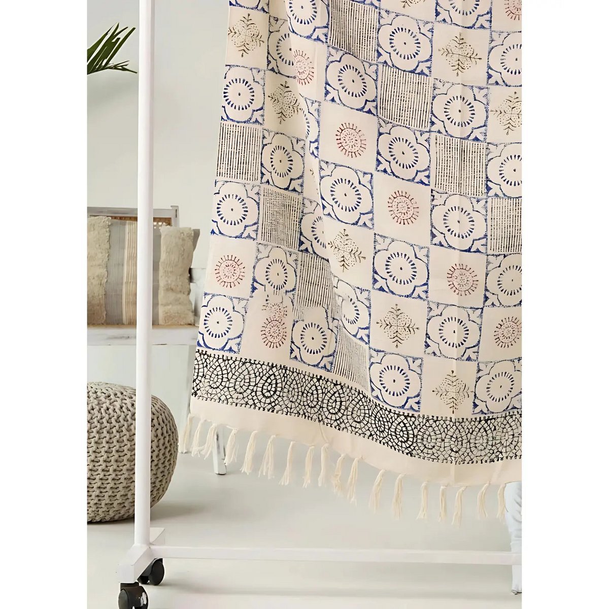 Blue & Cream Plaid / Sofa Throw – Mandala Pattern with Fringes – 130x175 cm – Urbane Hide Urbane Hide
