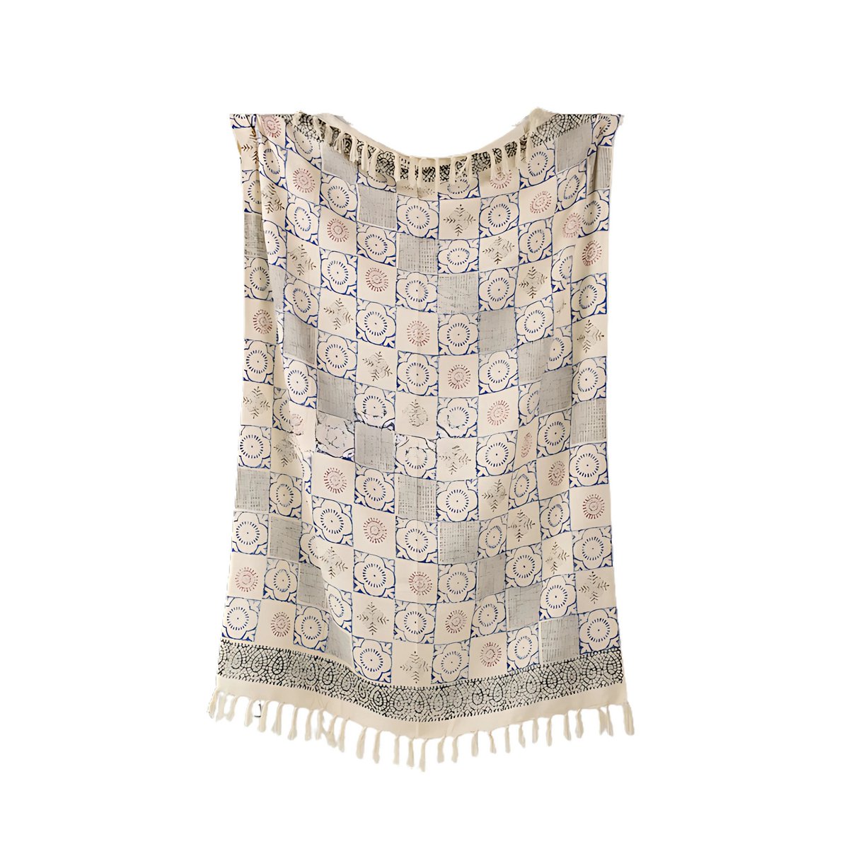 Blue & Cream Plaid / Sofa Throw – Mandala Pattern with Fringes – 130x175 cm – Urbane Hide Urbane Hide