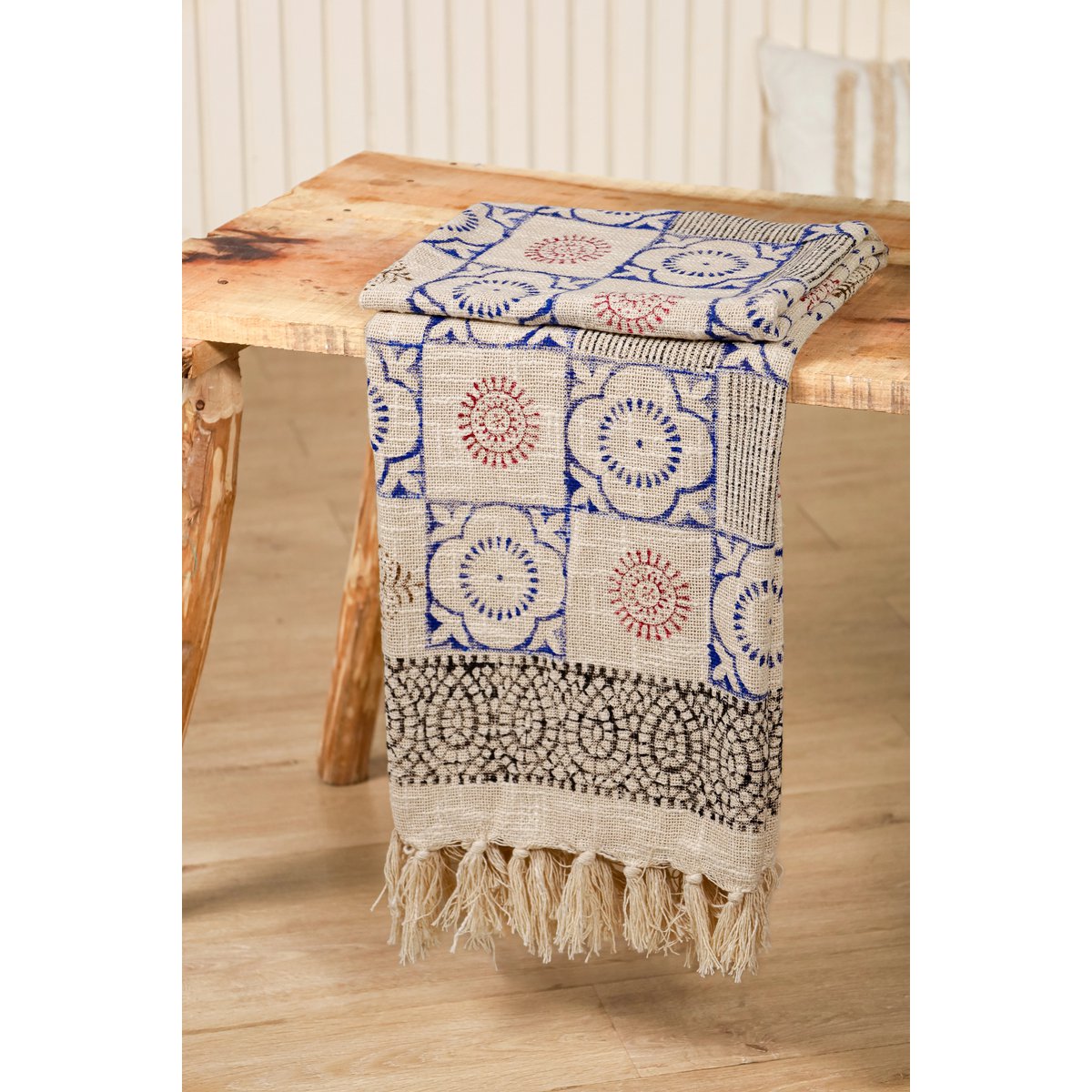 Blue & Cream Plaid / Sofa Throw – Mandala Pattern with Fringes – 130x175 cm – Urbane Hide Urbane Hide