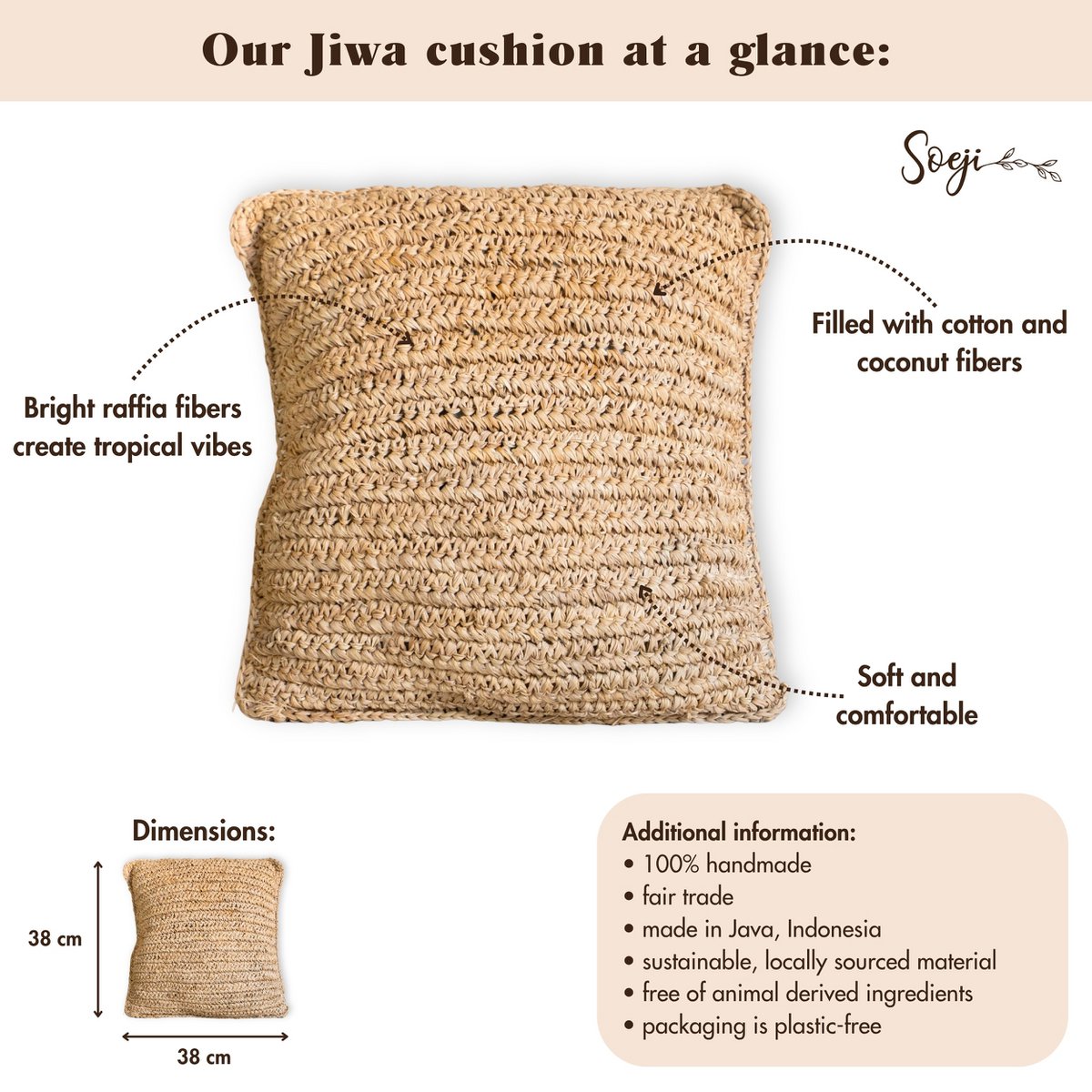 Boho kussen gemaakt van raffia - 40x40 cm decoratief geweven kussen - sofa kussen - natuurlijk beige vierkante kussen handgemaakt van raffia jiwa Soeji