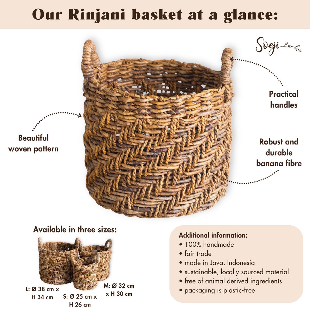 Boho Wasserij of plantenmand - Ronde geweven opslagmand - Decoratieve mand gemaakt van bananenvezel (3 maten Ø 25/32/38 cm) Rinjani Soeji
