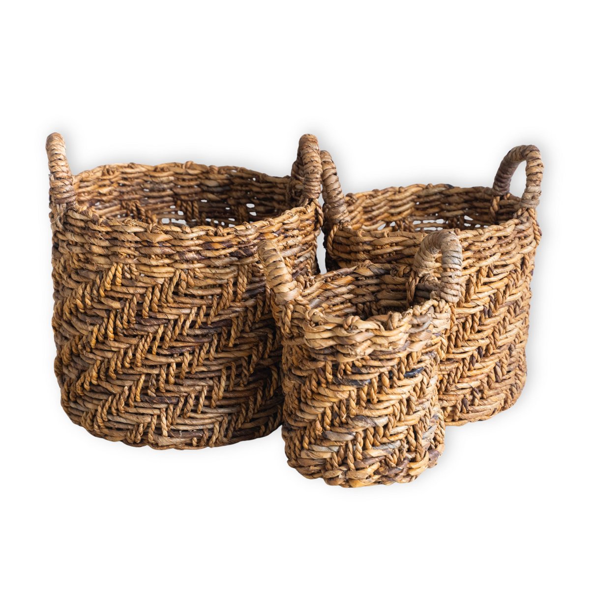 Boho Wasserij of plantenmand - Ronde geweven opslagmand - Decoratieve mand gemaakt van bananenvezel (3 maten Ø 25/32/38 cm) Rinjani Soeji