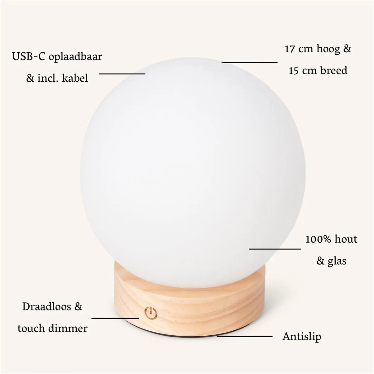 Flore lichtbruine houten lamp met glazen lamp - oplaadbaar en dimbaar draadloos licht Tavellio - Amsterdam