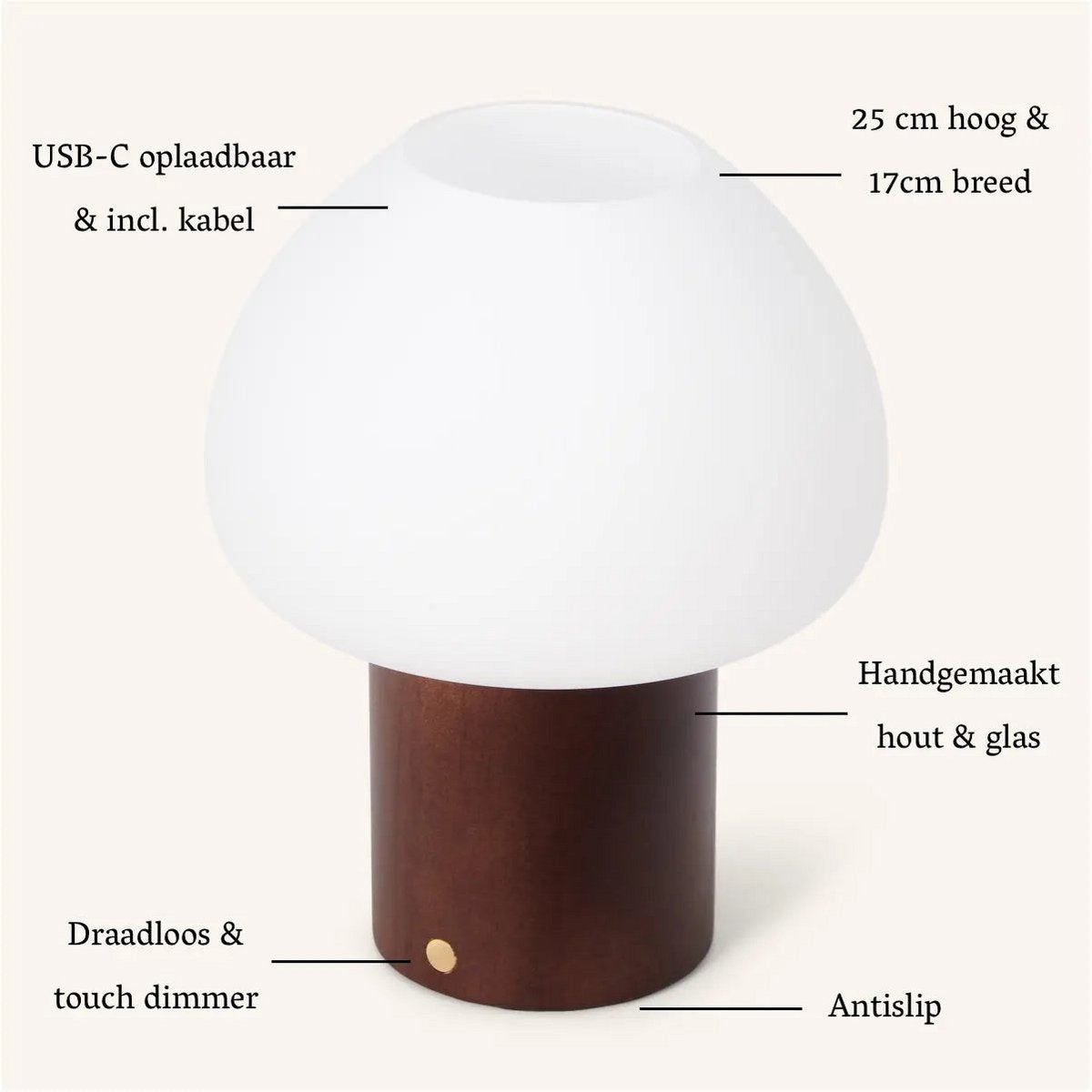 Fynn Donkerbruine Houten Lamp – Oplaadbaar & Dimbaar Licht Tavellio - Amsterdam
