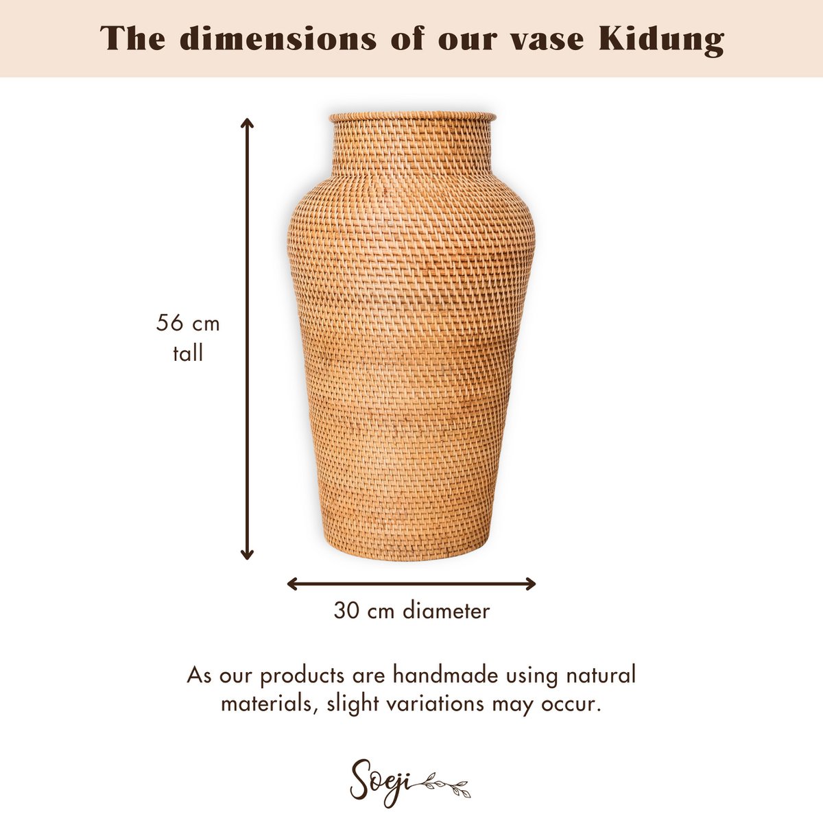 Geweven rotan vaas rond – grote boho decoratieve vaas – vaas hoog en smal – vloervaas handgemaakt van natuurlijke vezels (Ø 30 cm) KIDUNG Soeji