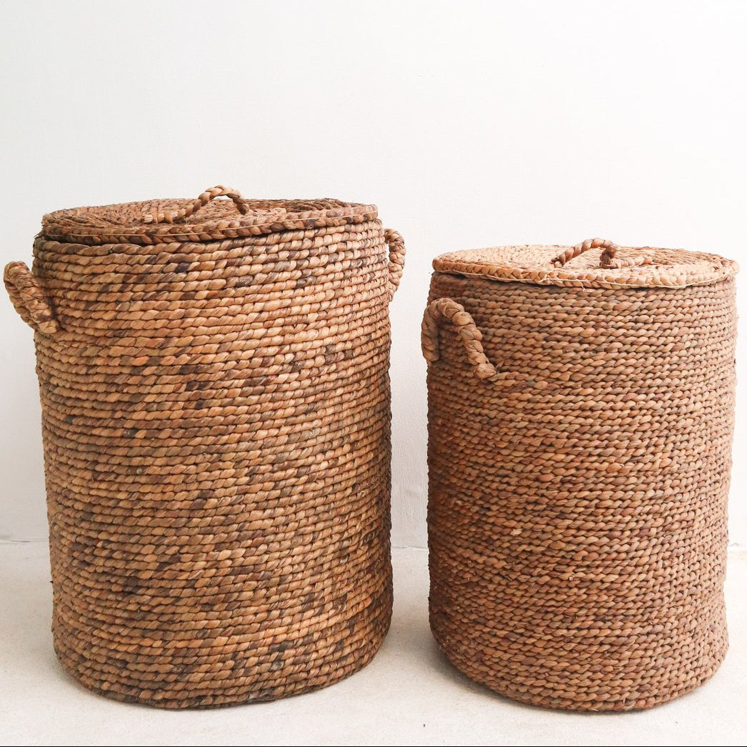 ikat mand met deksel – handgemaakte waterhyacint - wasmand - opbergmand – soeji (maat m, l of xl) Soeji