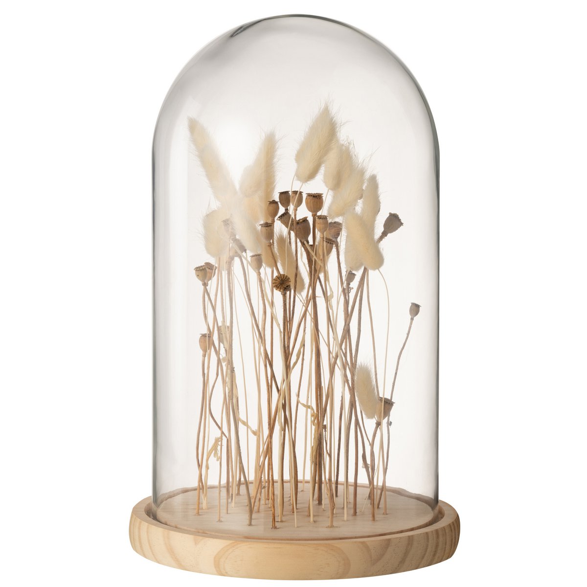 J-Line - decoratie stolp droogbloemen - ecru/bruin - glas hout - groot J-Line