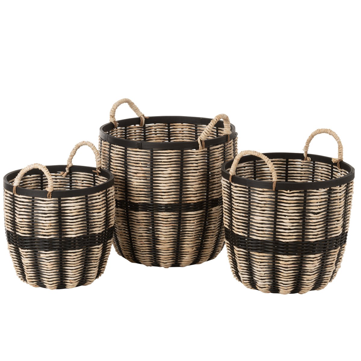 J-Line mand - jute/rotan - zwart/naturel - 3 stuks J-Line