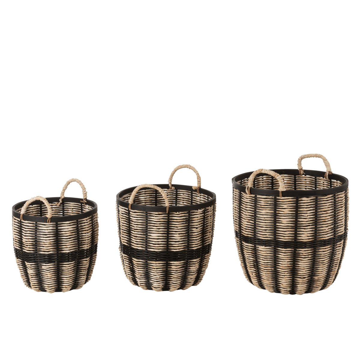 J-Line mand - jute/rotan - zwart/naturel - 3 stuks J-Line