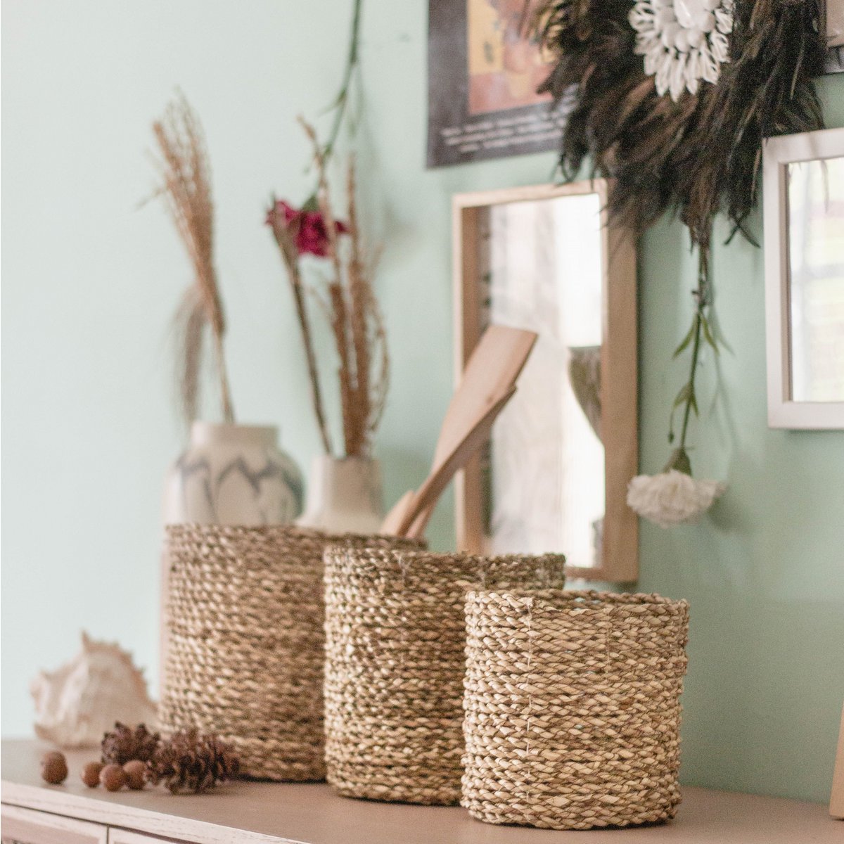 Kleine Zeegras Mand BHINNEKA | Plantenmand | Geweven Boho Mand | Plantenbak | Decoratieve mand | Kleine Opbergmand | Ronde bloemenmand Soeji