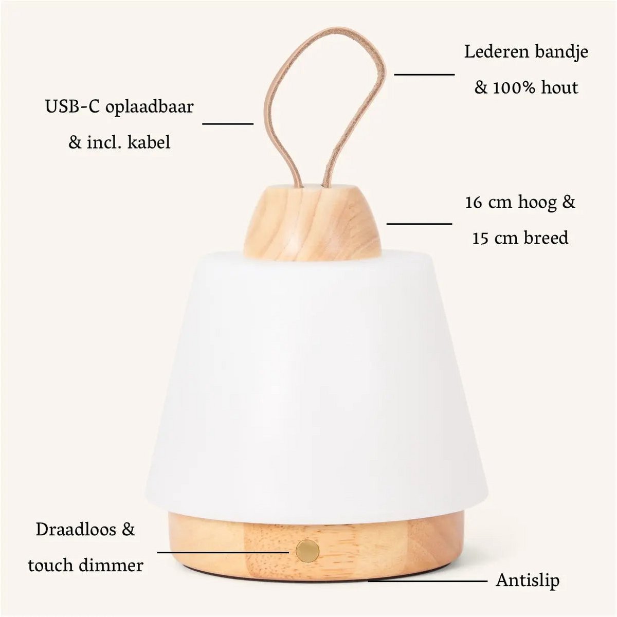 Liv lichtbruine oplaadbare lamp – lederen band, dimbaar, draadloos Tavellio - Amsterdam