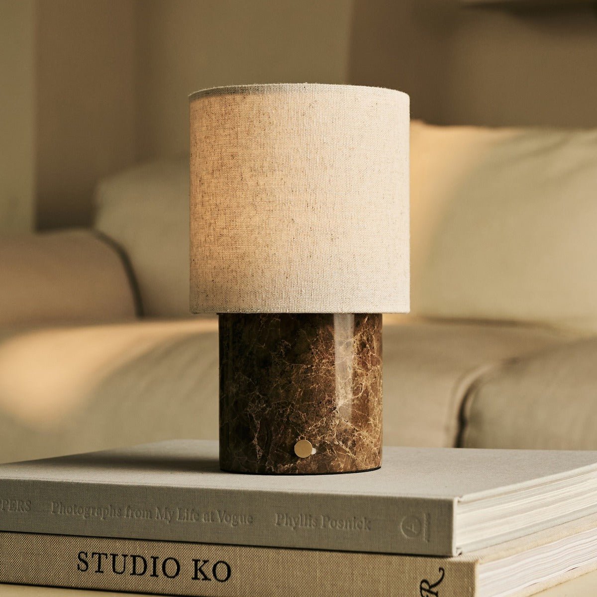 Onoda Brown / Emperador Dark - Marmeren oplaadbare tafellamp - met linnen verwisselbare lampenkap en oplaadbaar ontwerp Tavellio - Amsterdam