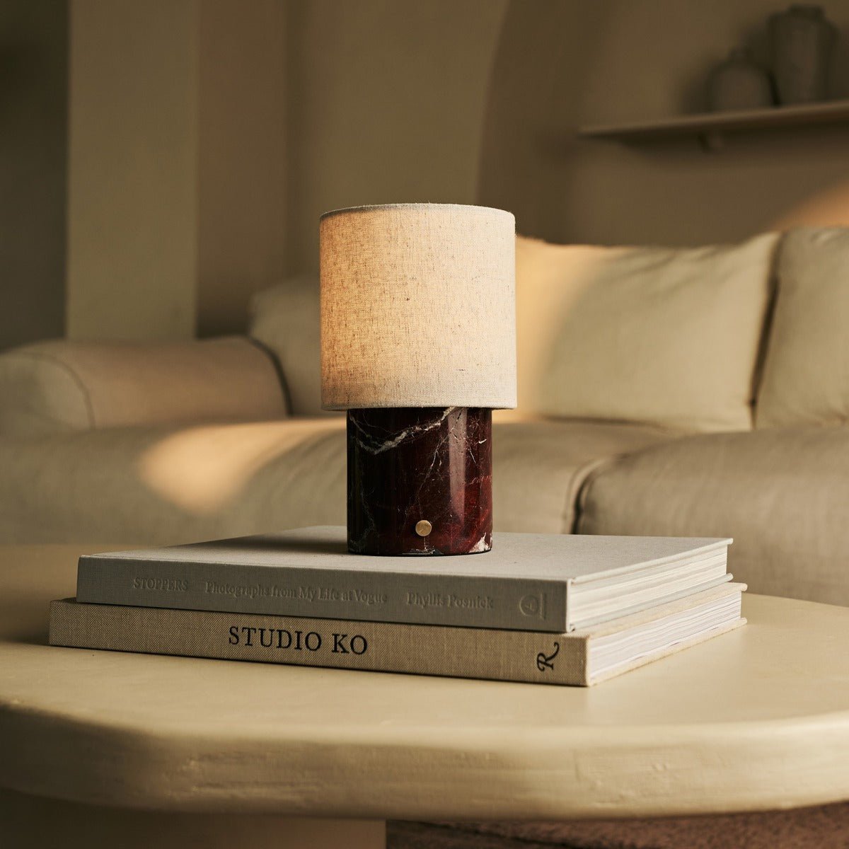 Onoda rood / rosso levanto - marmeren oplaadbare tafellamp - met linnen verwisselbare lampenkap en oplaadbaar ontwerp Tavellio - Amsterdam