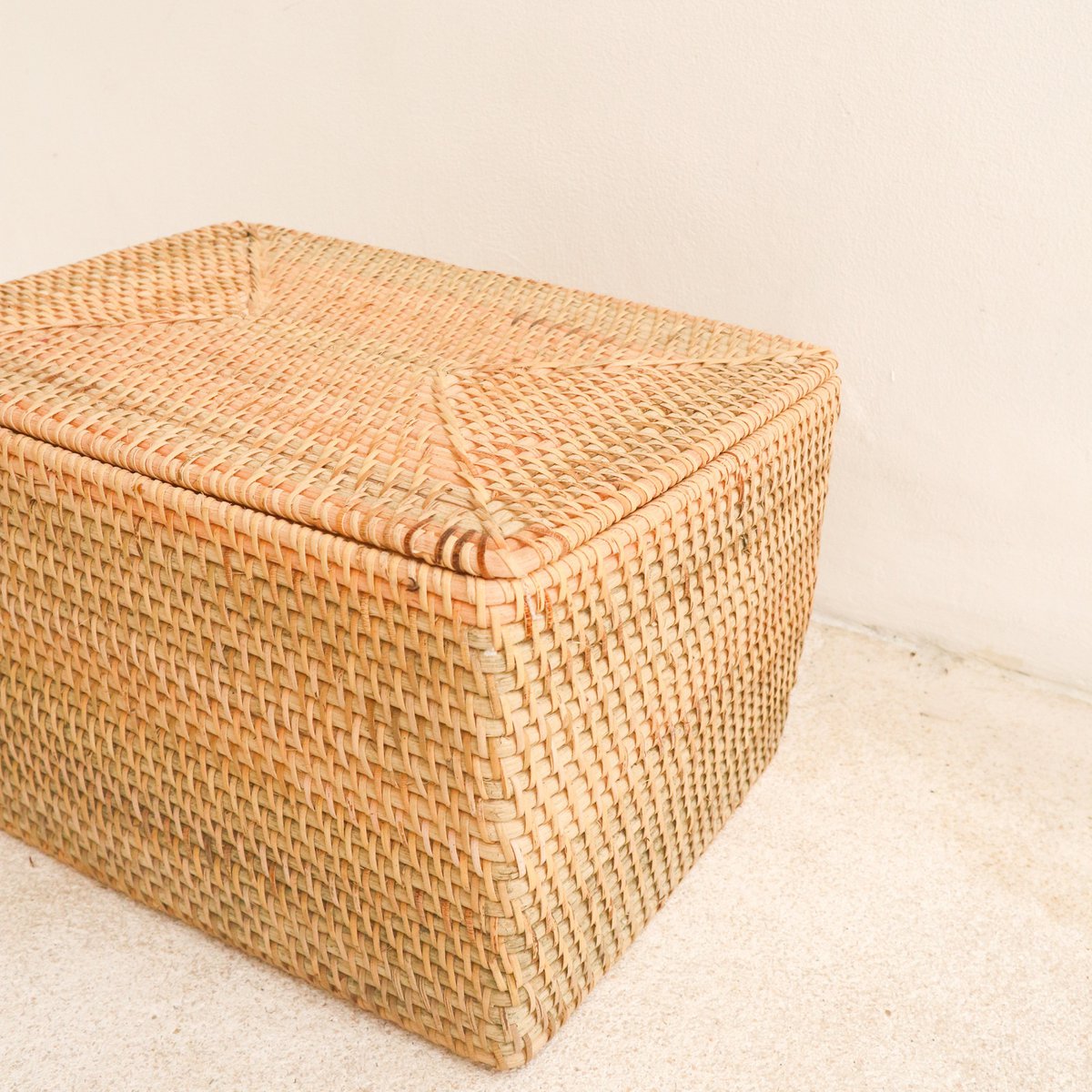 Opbergmand met deksel Plankmand gemaakt van beige rotan handgeweven decoratieve mand GRAHA (2 maten) Soeji