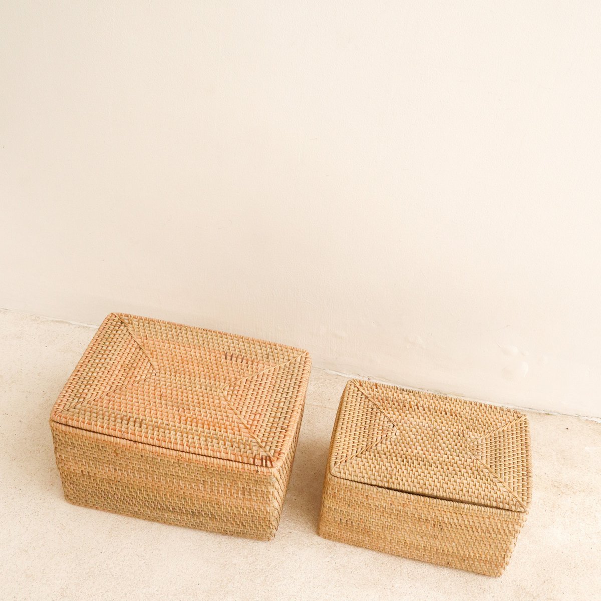 Opbergmand met deksel Plankmand gemaakt van beige rotan handgeweven decoratieve mand GRAHA (2 maten) Soeji