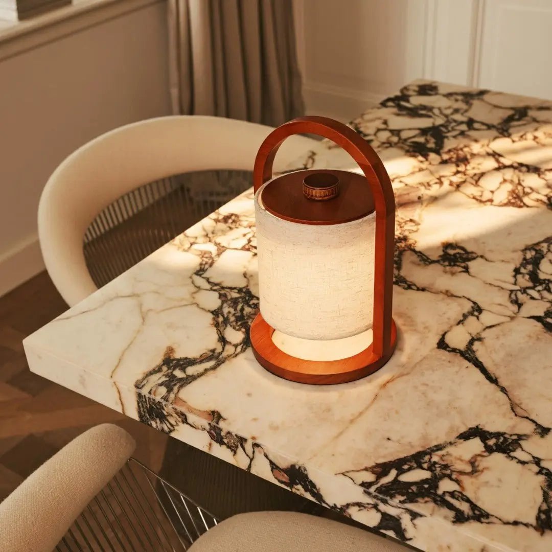 Rivierkastanjebruine houten oplaadbare lamp | Linnenmix, veelzijdig en tot 100 uur batterijduur Tavellio - Amsterdam