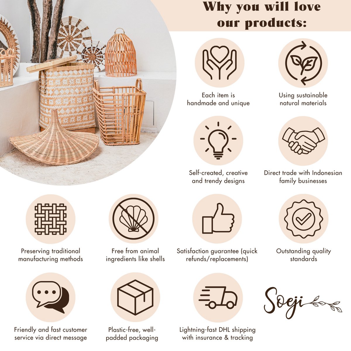 Ronde Boho Wandmand – Geweven Wanddecoratie – Decoratieve Schaal – Geweven Wandbord met Geborduurd Sterpatroon ADARI (2 maten, Ø30/40 cm) Soeji