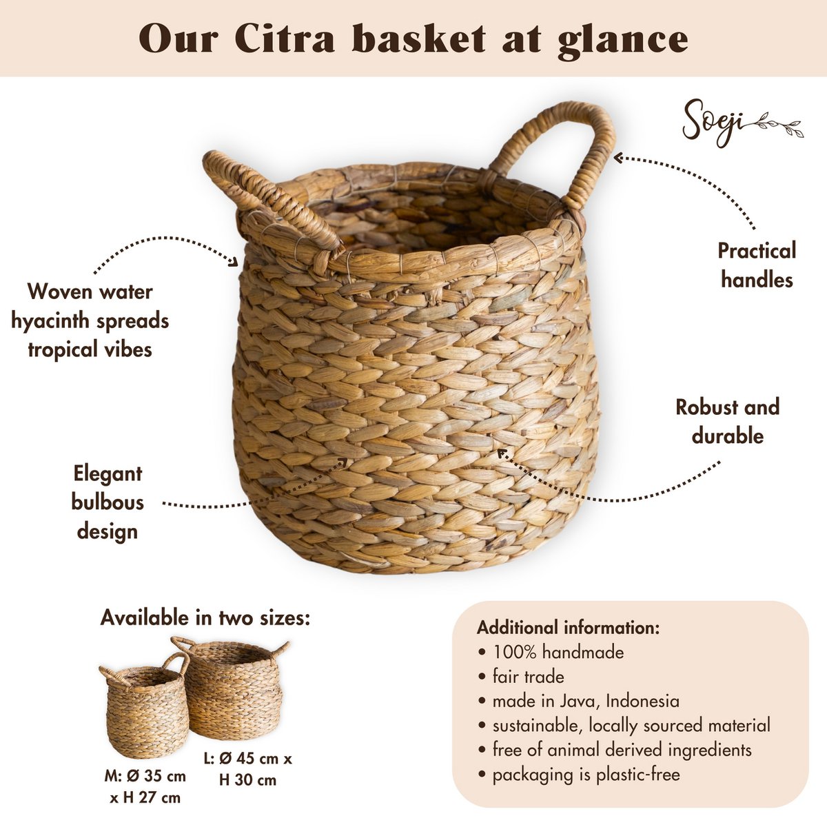 Ronde geweven wasmand - bolvormige boho -mand - natuurlijke plantenmand - grote waterhyacint opslagmand (2 maten) citra Soeji