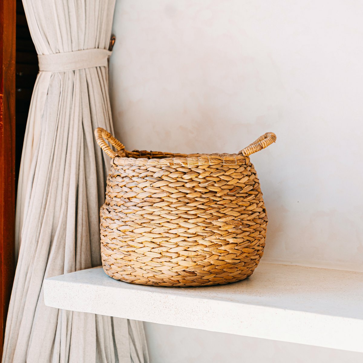 Ronde geweven wasmand - bolvormige boho -mand - natuurlijke plantenmand - grote waterhyacint opslagmand (2 maten) citra Soeji
